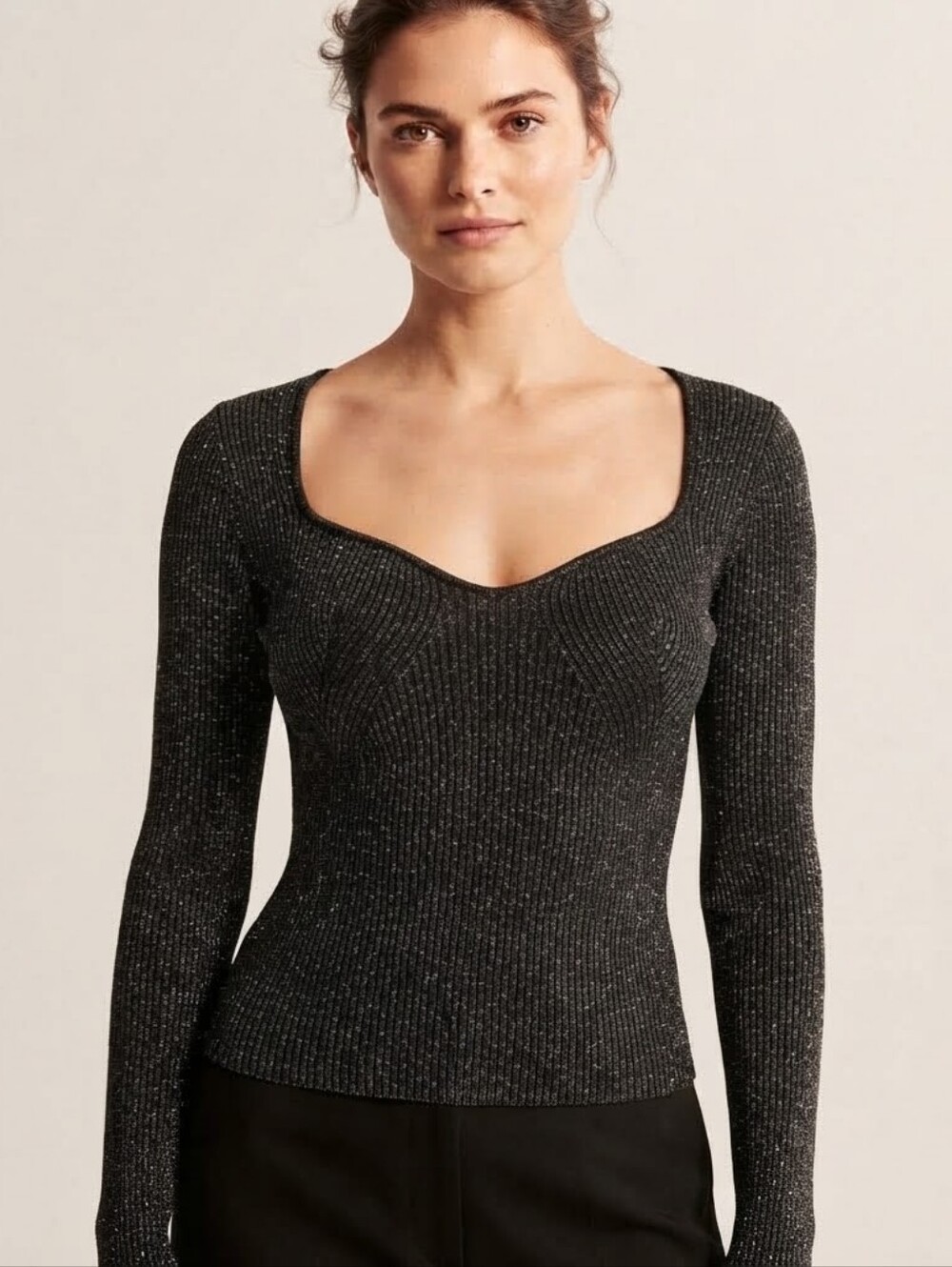 Anthropologie Black Metallic Ribbed Scoop-Sweetheart Long-Sleeve Top